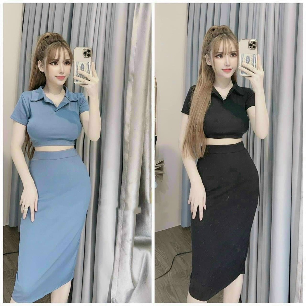 Set váy body áo croptop cổ bẻ mới 2021