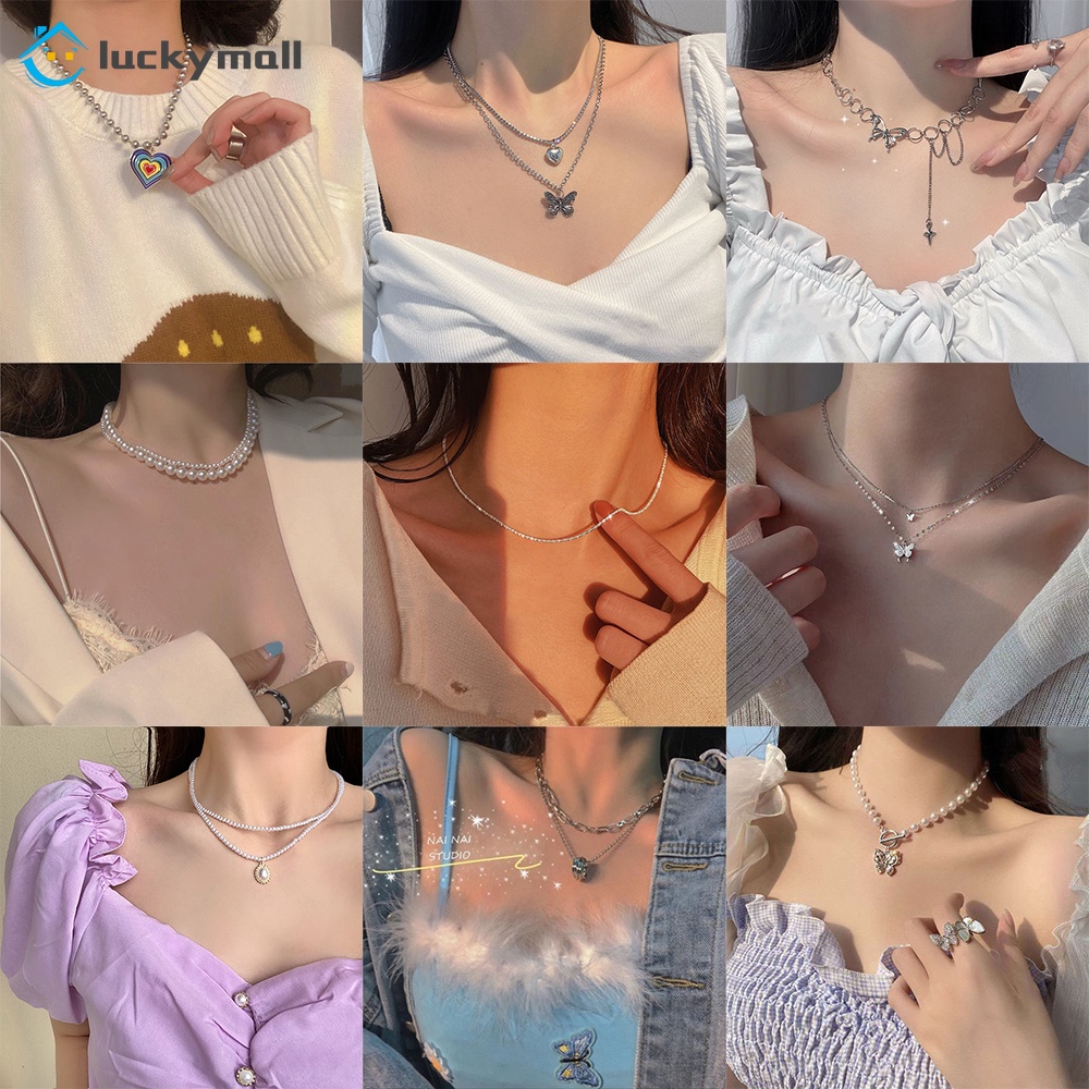 Vòng cổ choker dạng xích gắn hình trái tim/bướm/trăng/sao đính ngọc trai kiểu Hàn Quốc