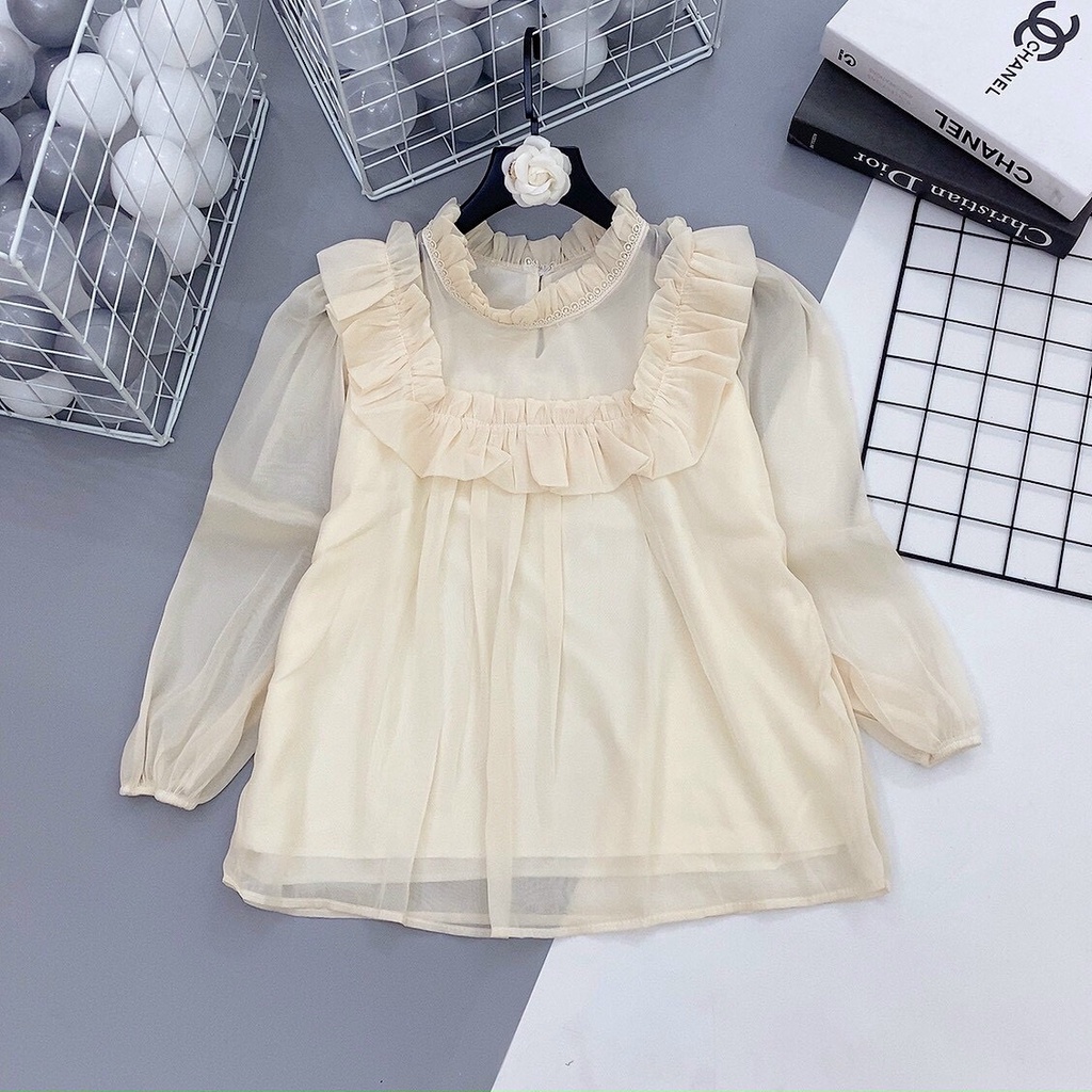 Áo cơ mi nữ cổ trụ viền bèo 2 màu trắng be