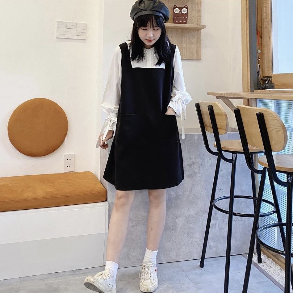 Đầm chữ A tay pha màu trắng - Váy Yếm Thiết Kế Tay Nơ Hàn Quốc