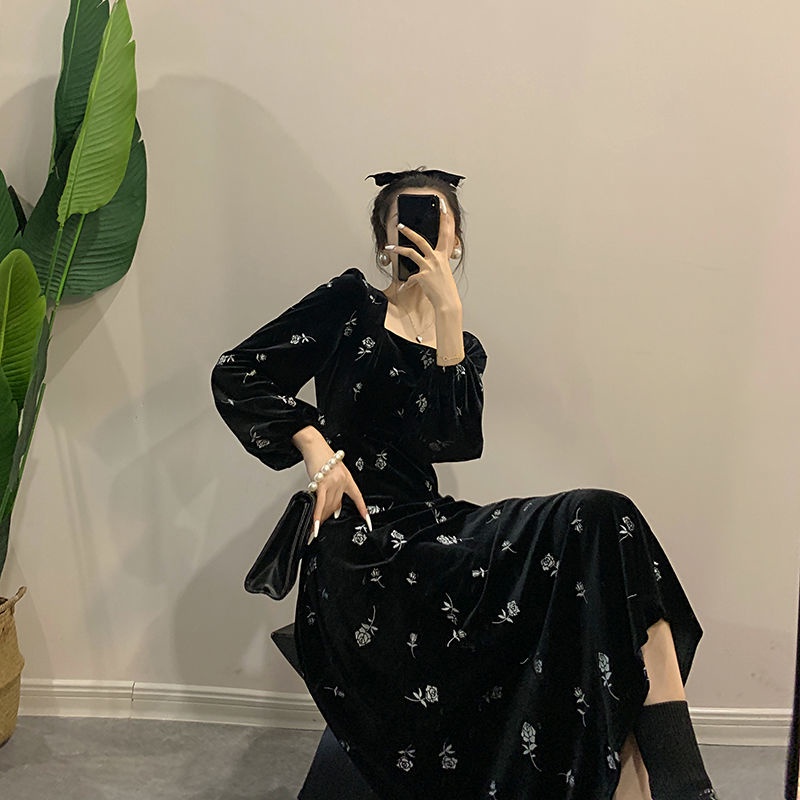 Bán Chạy!F &amp; X Đầm Nhung Dài Tay In Họa Tiết Phong Cách Mori Nhẹ Nhàng Thanh Lịch Dành Cho Nữ