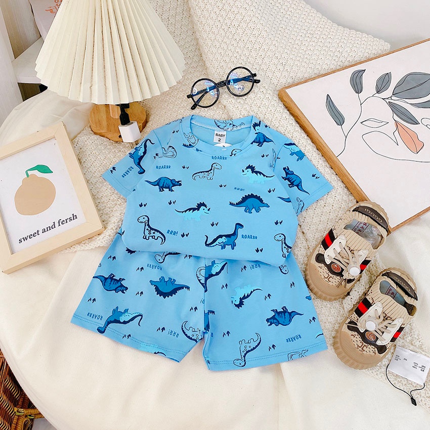 Bộ Quần Áo Trẻ Em Cộc Tay In Nhiều Hình Khủng Long Vải Cotton Thấm Mồ Hôi Cho Bé Trai Từ 7-19kg Mã CT54