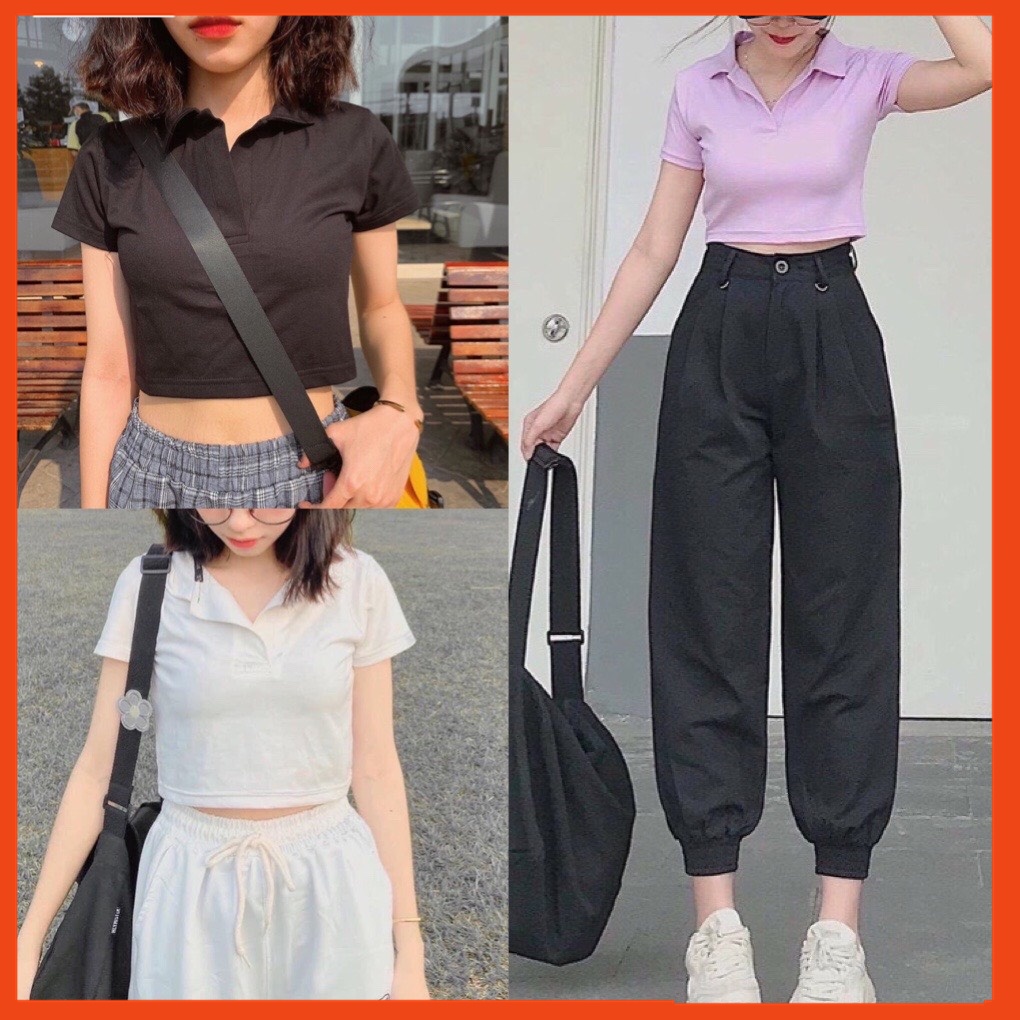 Áo croptop nữ tay ngắn có cổ, áo croptop kiểu ôm body