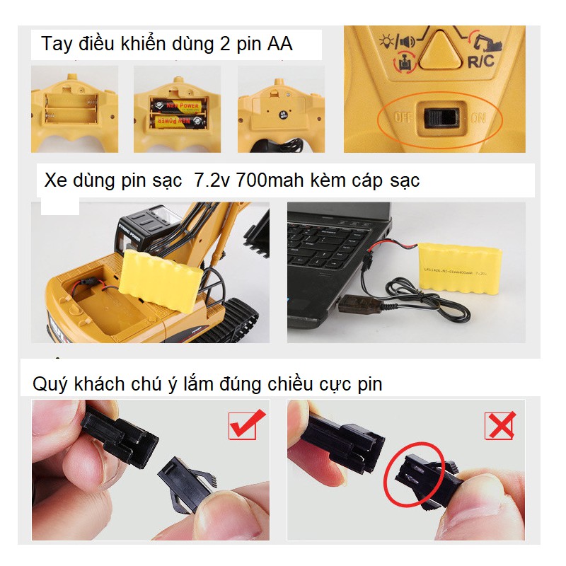 Mô hình xe cẩu xúc đồ chơi điều khiển từ xa Huina Toys 550 xe có âm thanh và đèn sóng 2.4G 15 kênh sử dụng pin sạc