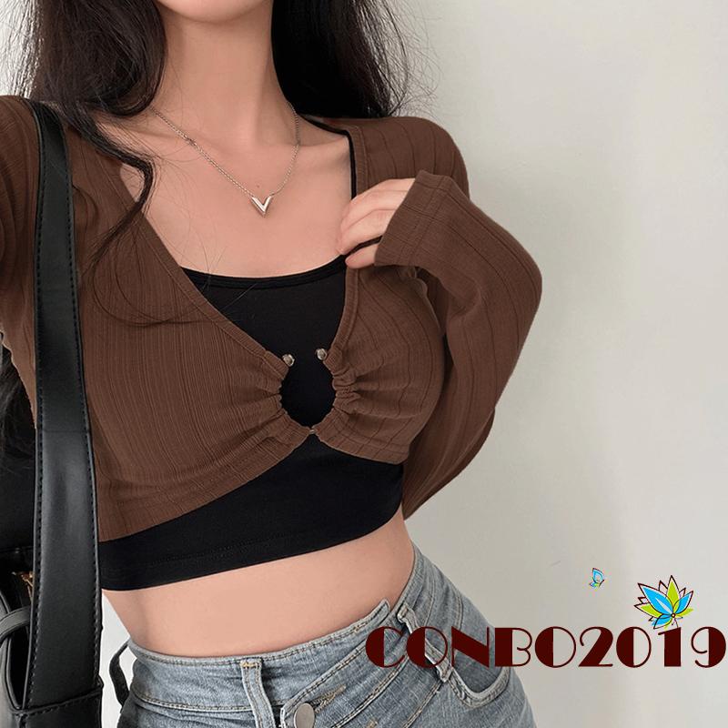 Set Đồ 2 Món Gồm Áo Croptop Hai Dây Màu Trơn + Áo Tay Dài Cổ Chữ U Sâu Gợi Cảm Cho Nữ
