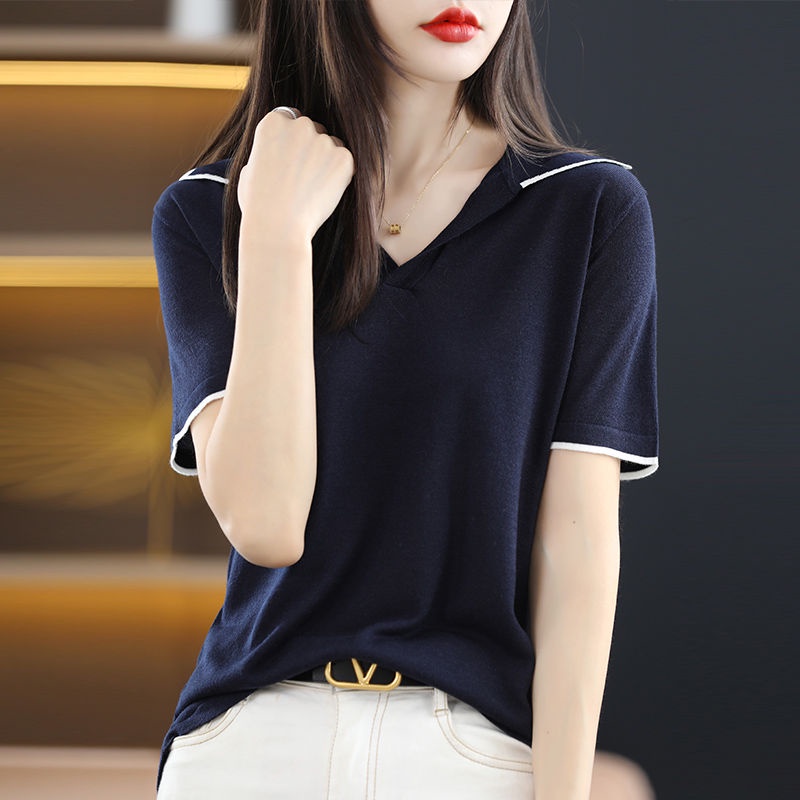 Áo Thun polo Dệt Kim Tay Ngắn Dáng Rộng Họa Tiết Kẻ Sọc Thời Trang Cho Nữ