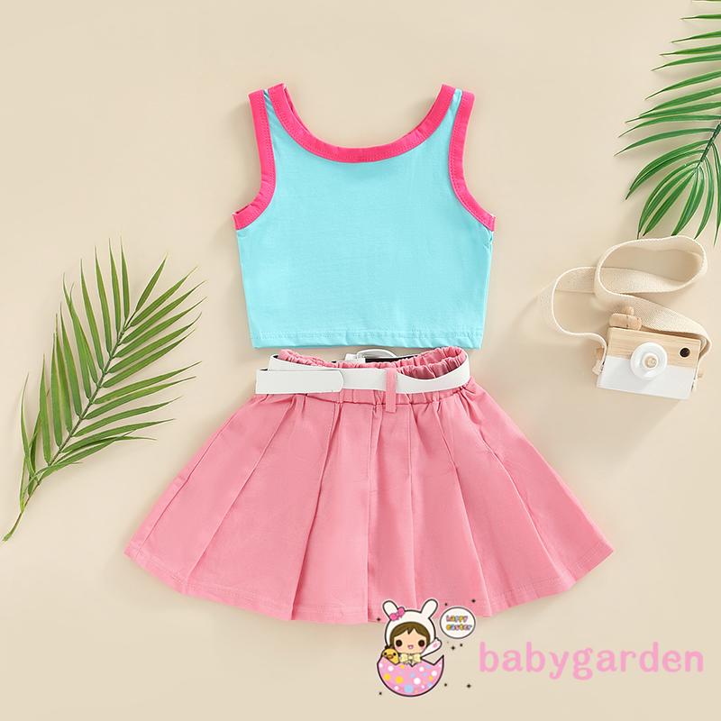 BABYGARDEN-1-6years Baby Girls Outfits, Letter Print Sleeveless Tank Tops + Solid Color Pleated Skirts + Waist Belt Summer Set