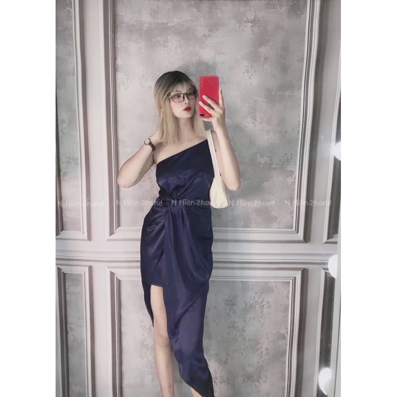 (Hàng thiết kế) Đầm dáng ôm màu xanh navy dự tiệc chất phi lụa lệch vai xẻ đùi nhún xoắn eo sang trọng (kèm ảnh thật) | BigBuy360 - bigbuy360.vn