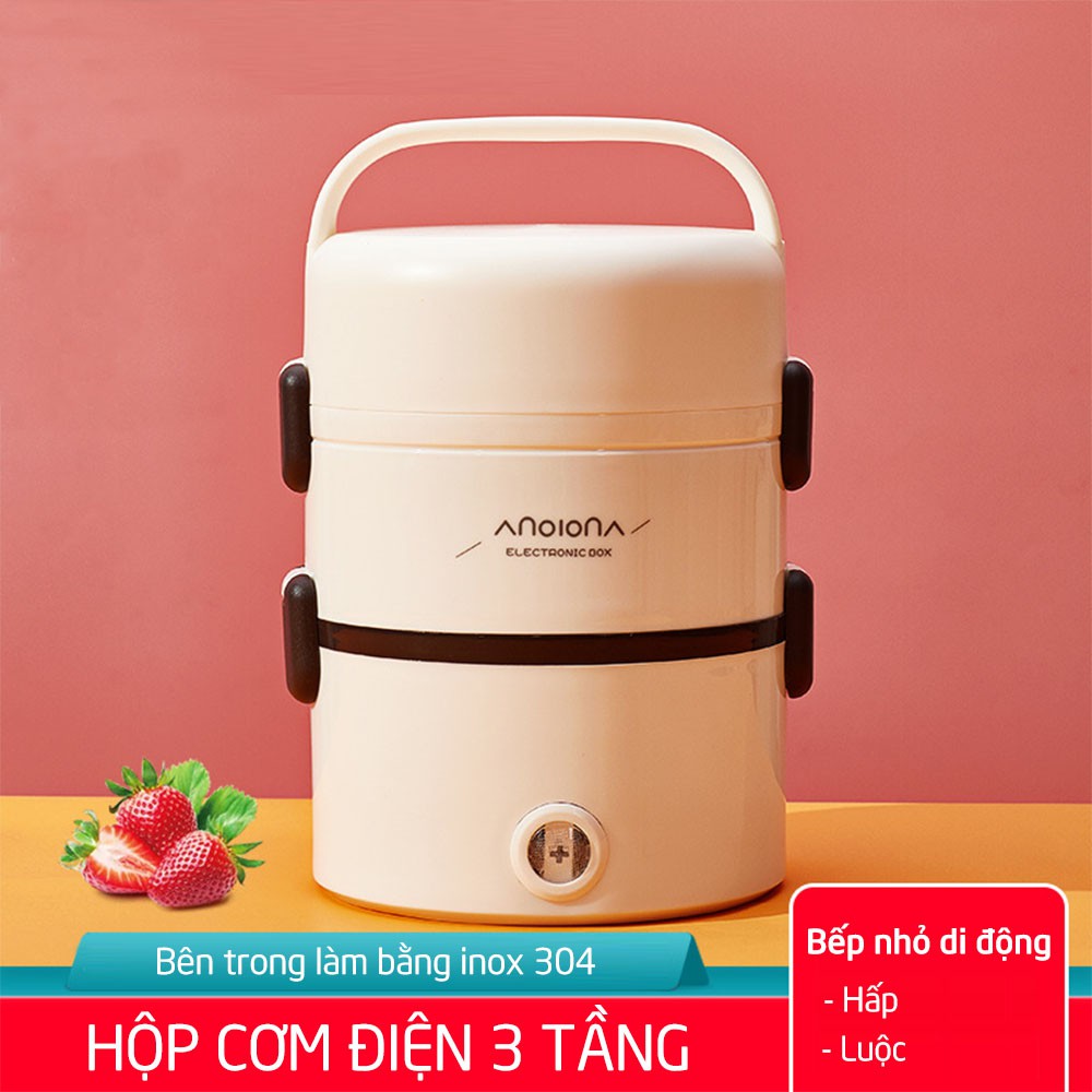 Hộp hâm cơm điện văn phòng thông minh 3 tầng Ruyi Bear, hẹn thời gian cắm điện, inox 304 an toàn