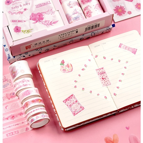 Taeyang369hz Set 10 Cuộn Băng Dính Washi Tape + 10 Tấm Sticker Trang Trí Sổ Tay Planner Bullet Journal Scrapbook M03