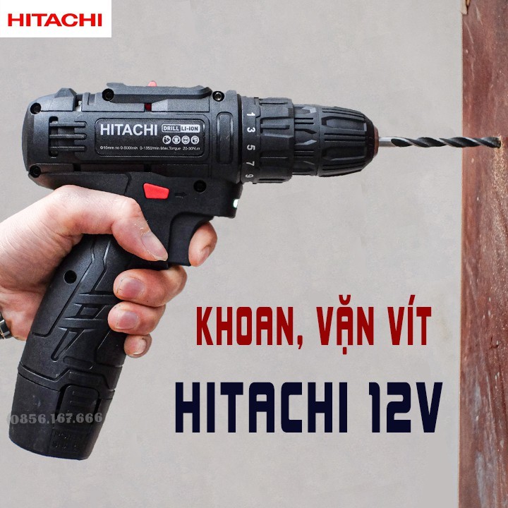 [Freeship] Máy khoan, bắt vít dùng pin Hitachi 12v - 2 chức năng màu đen