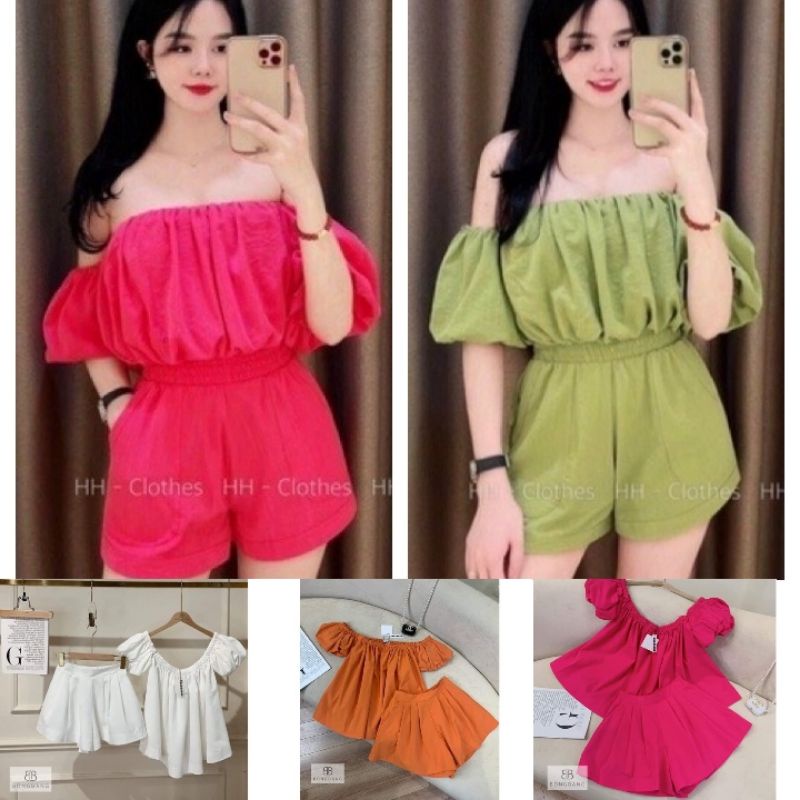 Sét áo trễ vai tay phồng kèm quần short có túi