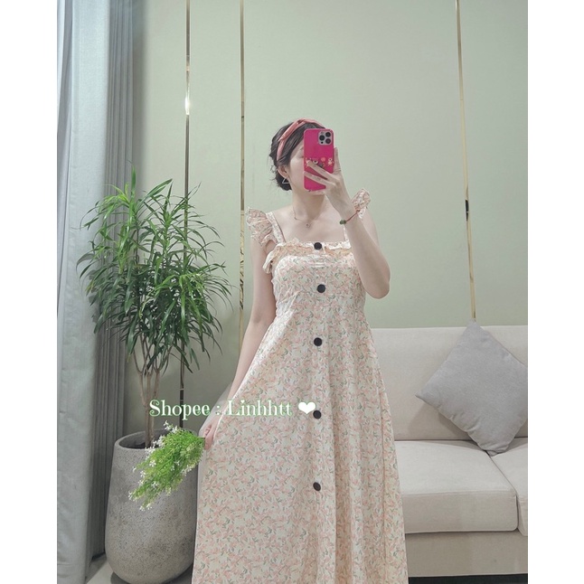 Đầm bông hai dây phối cúc dáng dài đầm maxi bông kèm mút sẵn Linh htt