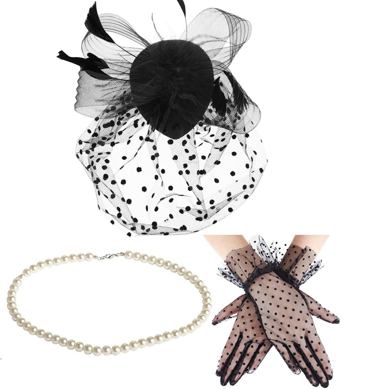 Flgo Găng Tay Ngắn Phối Lưới Đính Lông Vũ Phong Cách Vintage Cho Cô Dâu