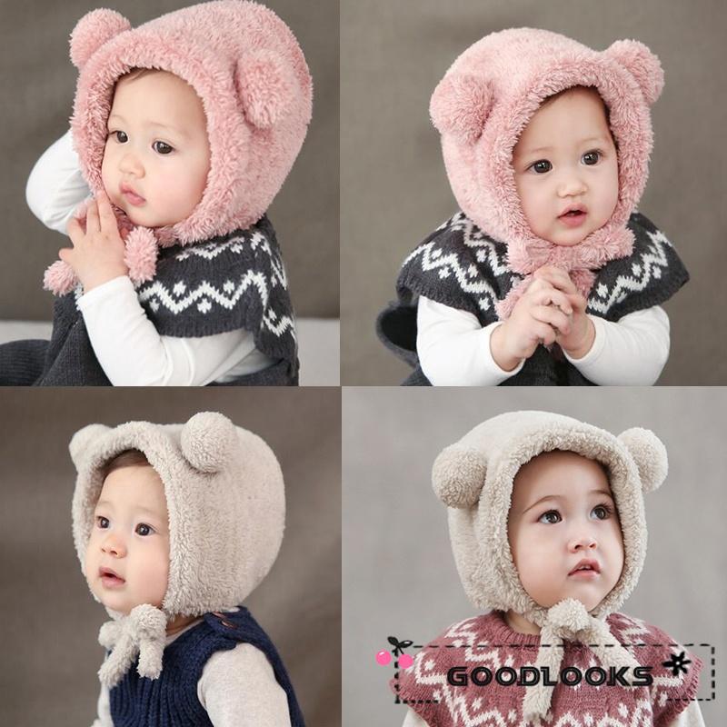 Mũ Len Giữ Ấm Đính Tai Gấu Nhồi Bông Xinh Xắn Dành Cho Bé