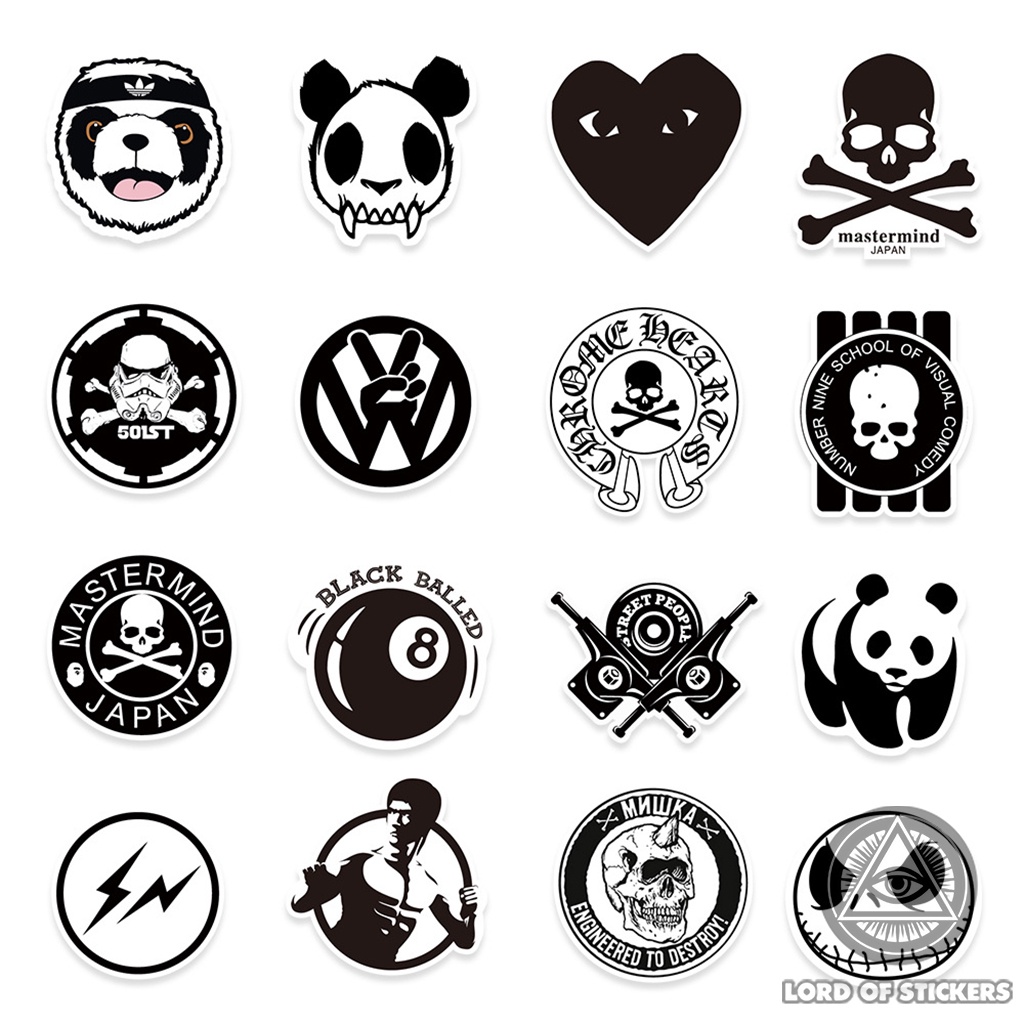Set 100 Hình Dán Graffiti Brand Logo Sticker Thương Hiệu Đen Trắng Chống Thấm Nước Trang Trí Mũ Bảo Hiểm, Ván Trượt, Xe