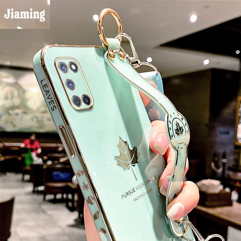Ốp Điện Thoại Viền Lá Phong Mạ Điện Sang Trọng + Dây Đeo Cho OPPO A92 A52