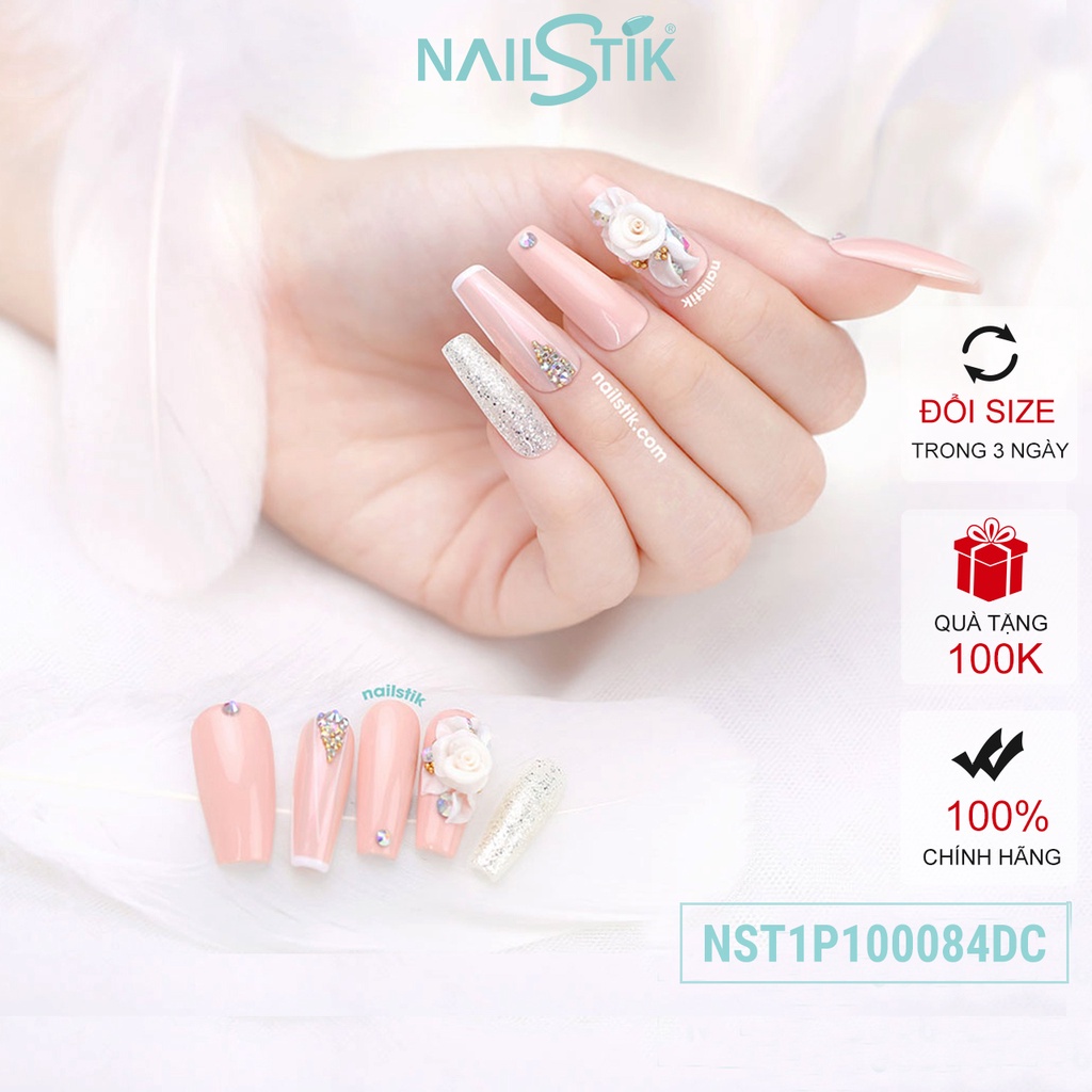 Móng úp thiết kế by NAILSTIK, màu hồng, form móng coffin, dài 084,NST1P100084DC