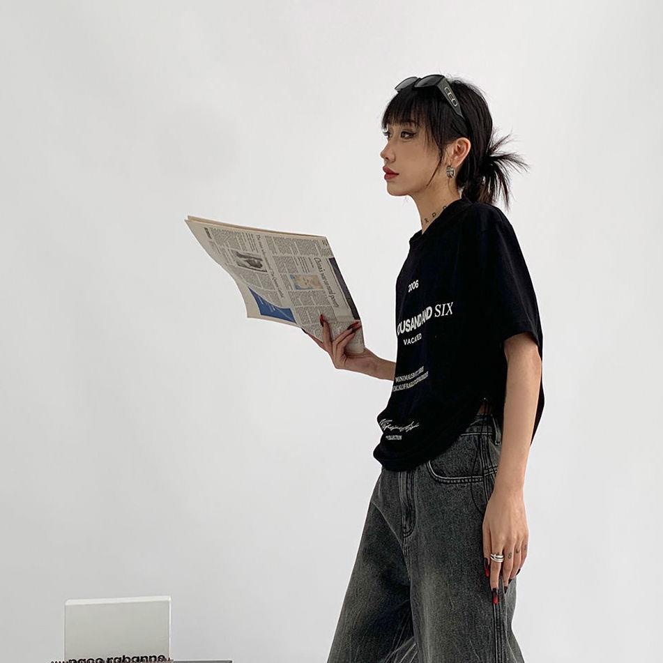 Áo Thun Cotton Tay Ngắn Dáng Rộng Phối Dây Rút Phong Cách Âu Mỹ Thời Trang Cho Nữ