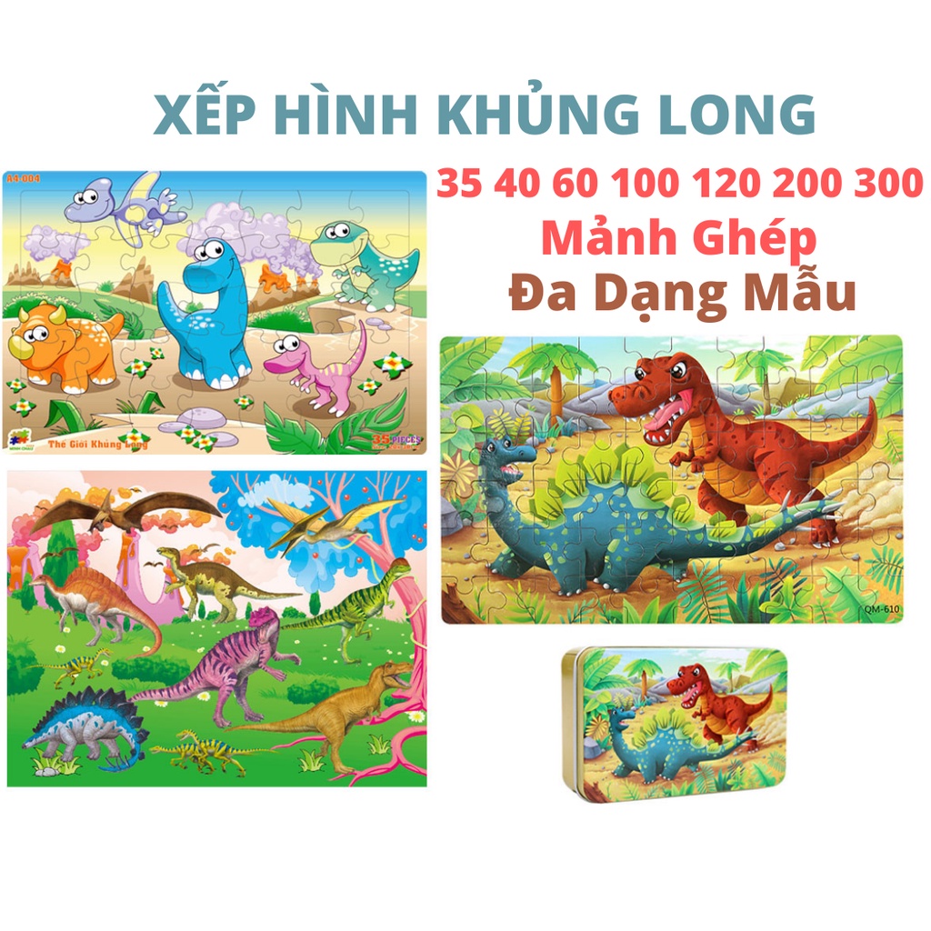Tranh Xếp Hình Khủng Long 35 40 60 80 100 200 300 Mảnh/Xếp Hình Hộp Sắt, Khung Gỗ/Bộ đồ chơi ghép hình cho bé