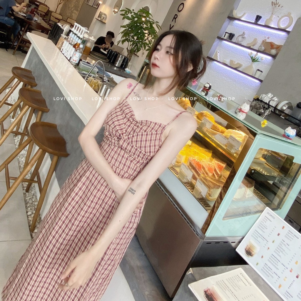LOVI SHOP- Đầm hai dây caro nơ xoắn ngực suông dài Checked dress