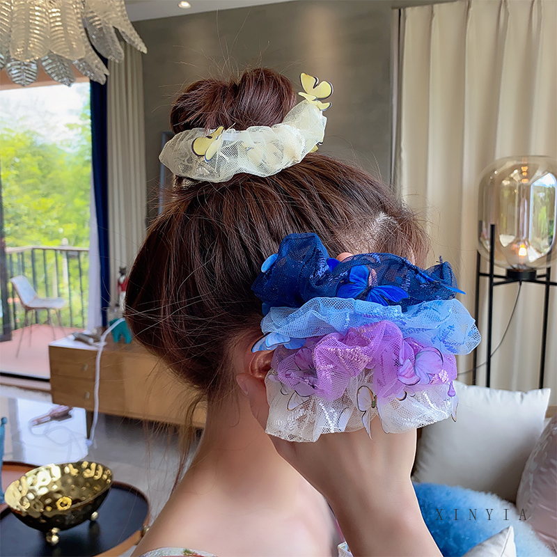 Dây buộc tóc co giãn phối vải lưới đính bướm nhiều màu sắc thời trang Hàn Quốc cho nữ