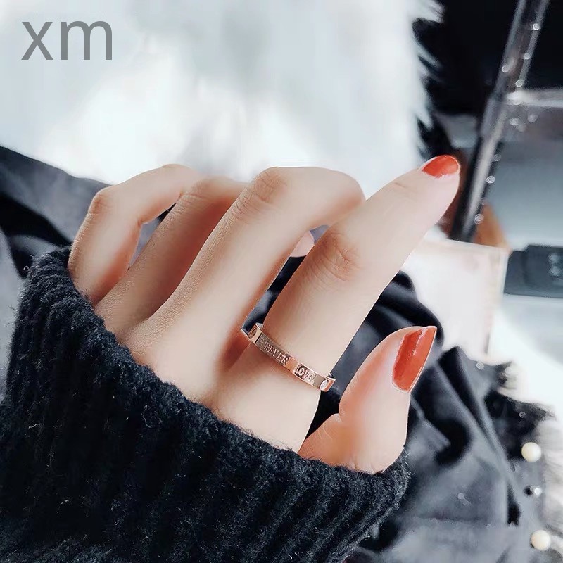 Nhẫn Thép Titan Mạ Vàng Hồng 18K Đính Kim Cương Khắc Chữ Tiếng Anh Không Phai Thời Trang Nhật Hàn Cho Nữ