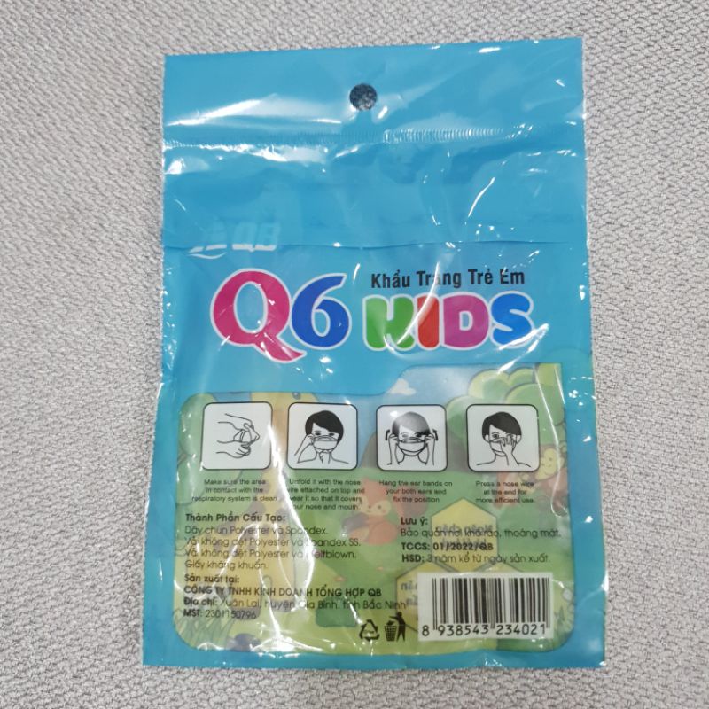 Khẩu trang 5D Cho bé 1-5 tuổi có lớp kháng khuẩn, túi 10 cái, cho bé dưới 21kg