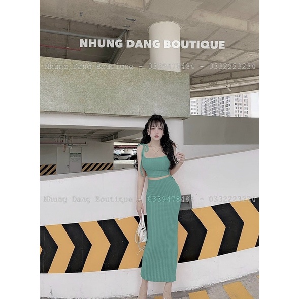 Set Đầm Gân Đũa Maxi Áo Dây CRT Cột Vai Kèm Chân Váy Dài Ôm