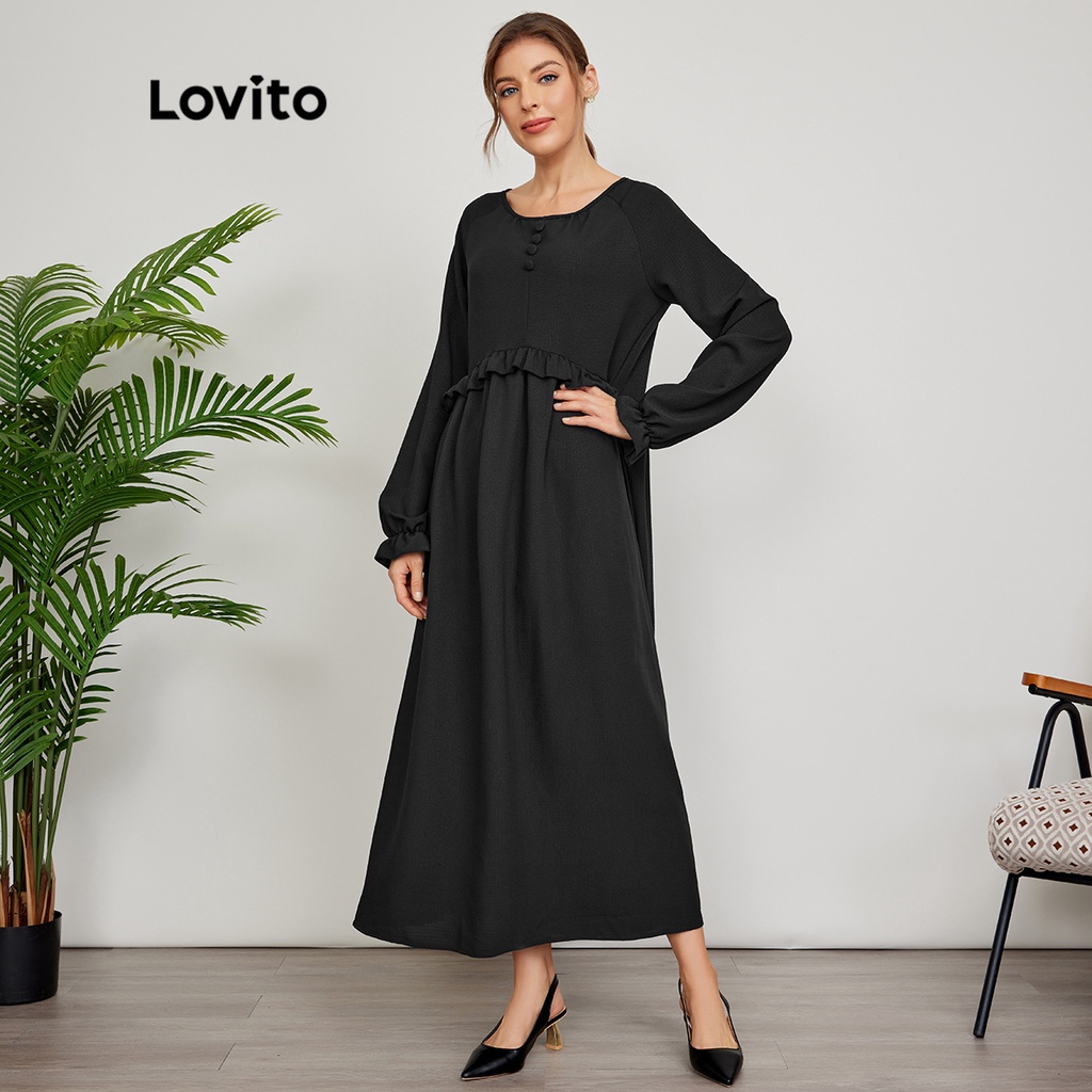 Lovito Đầm có nút xếp nếp trơn vừa phải L24ED132 (Đen)