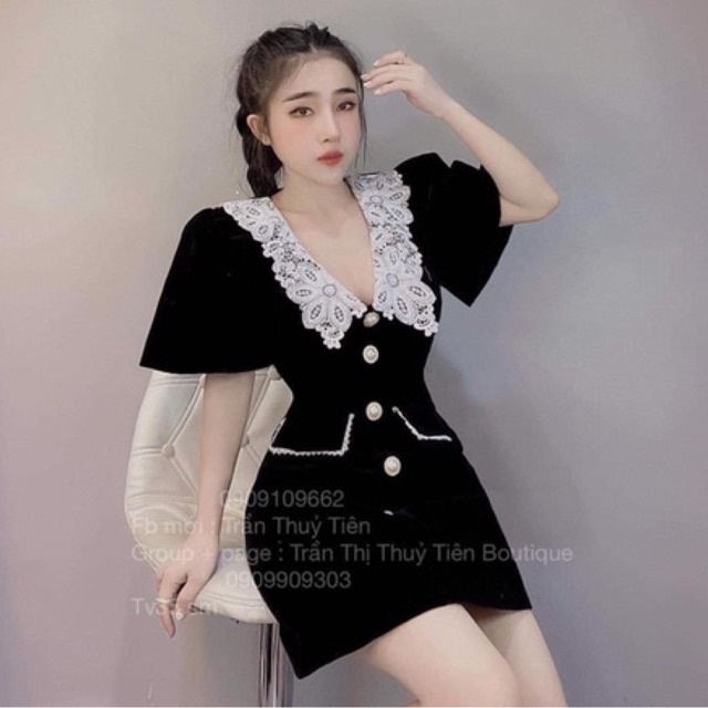 Váy Nhung Cổ Ren Khuy Ngọc 2 Màu Tiểu Thư Siêu Xinh Có Ảnh Thật Kèm Video