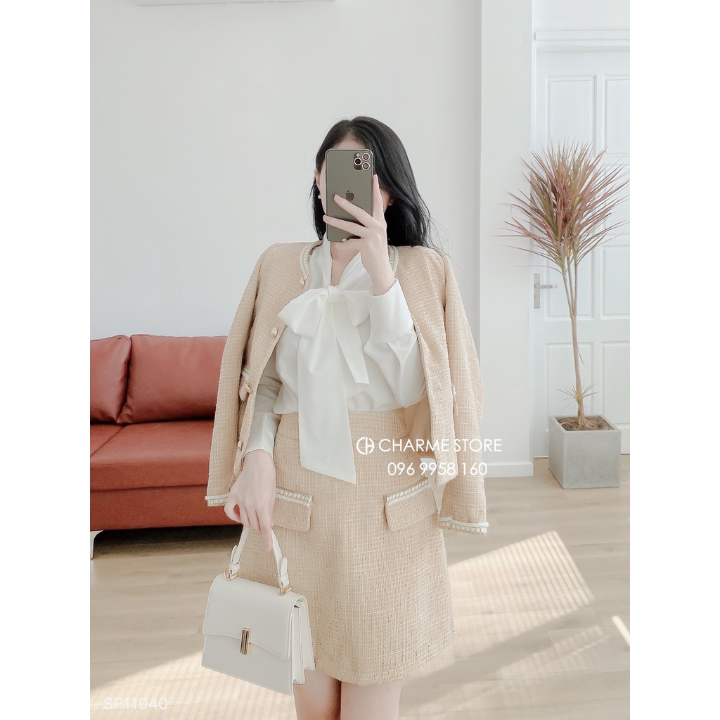 Áo sơ mi nữ trơn dài tay cổ nơ thiết kế Charme 110091