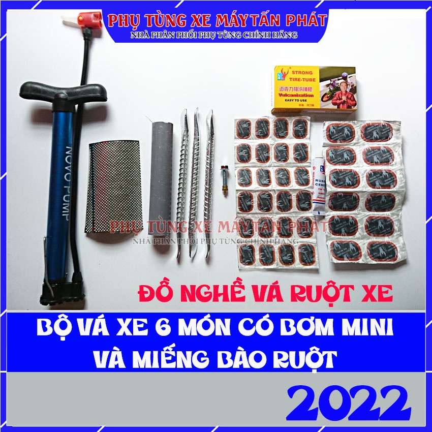 Bộ Vá Xe Máy Xe Đạp 6 Món Có Bơm (2 Miếng Bào) Đa Năng Dùng Vá Xe Khi Bị Lủng Lốp (model 2022)