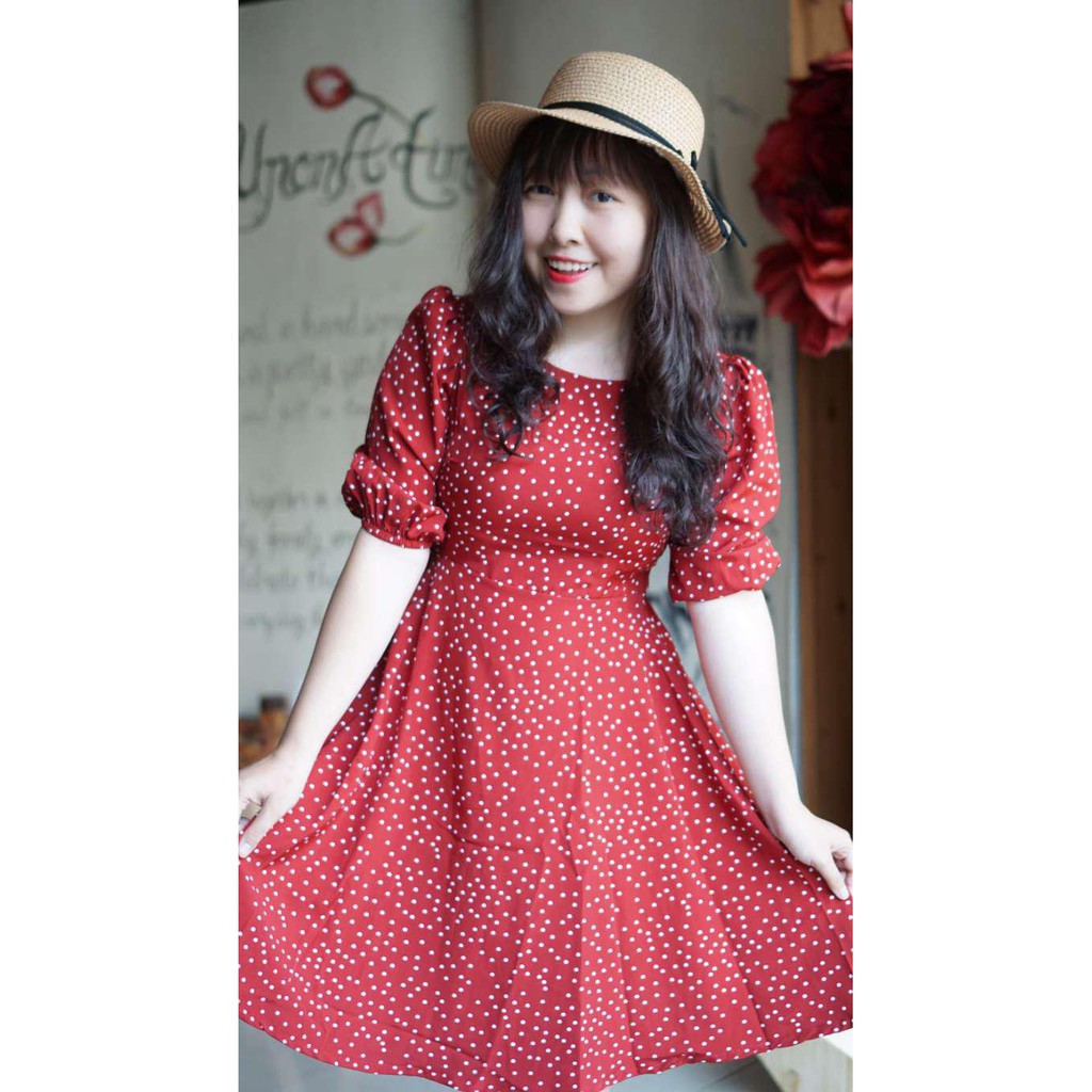 Đầm Nữ Bi Đỏ Thắt Eo Tay Lỡ