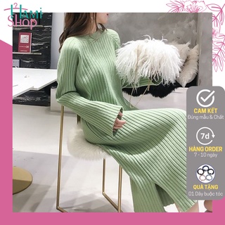 Váy len dài dáng suông dài váy len cổ tròn dáng xòe thời trang