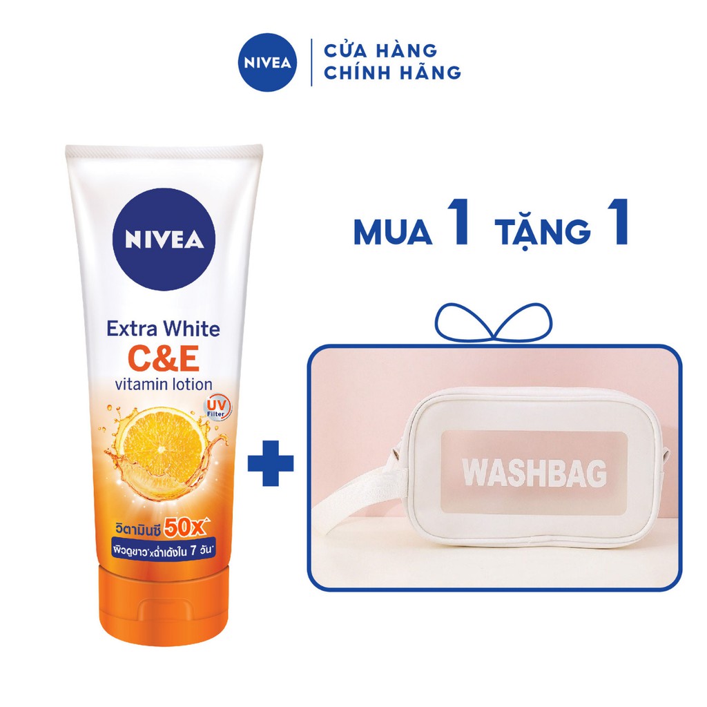 [TẶNG TÚI WASHBAG] Bộ sữa dưỡng thể dưỡng trắng Nivea Extra White C&amp;E Vitamin Lotion 180ml TẶNG TÚI TRANG ĐIỂM