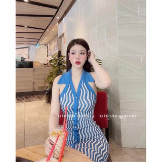 Đầm body cổ yếm sọc