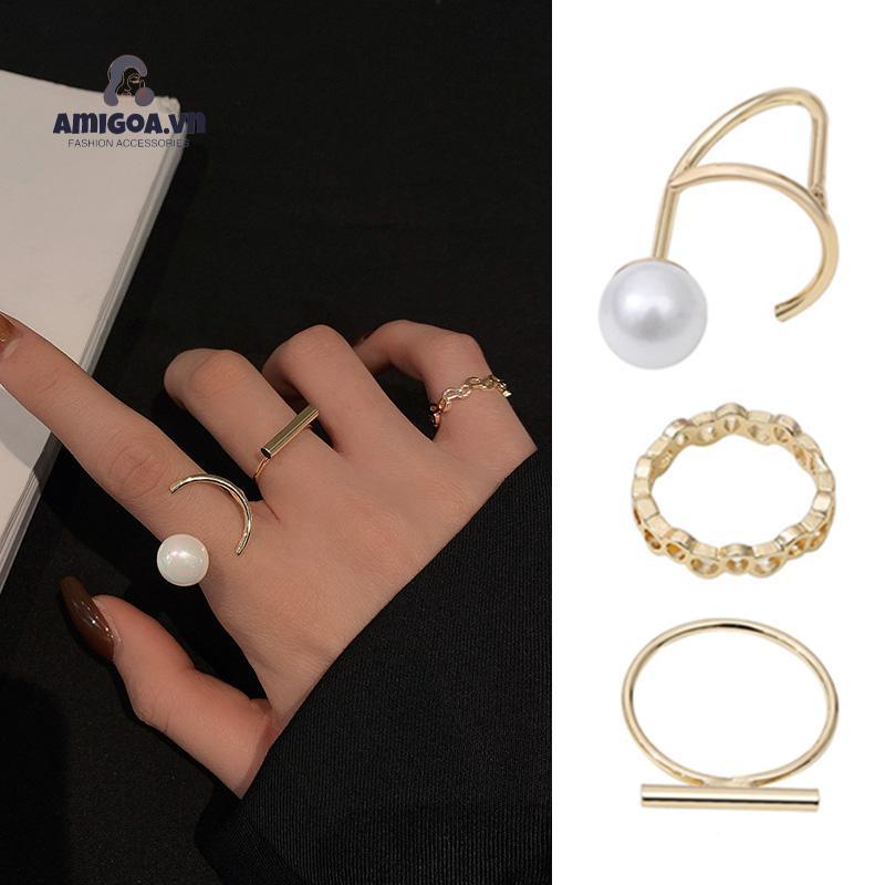 ✨✨Set 3 nhẫn thời trang khảm ngọc trai nhẹ nhàng có thể điều chỉnh tự nhiên sang trọng dành cho nữ