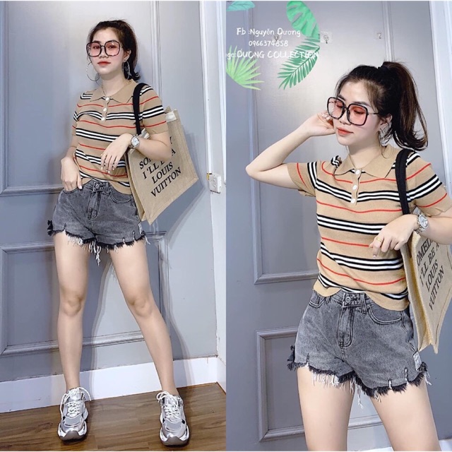 Áo len mỏng kẻ BB cổ bẻ kẻ ngang ngắn tay cúc cài CS075 - NhiNhi Shop | BigBuy360 - bigbuy360.vn