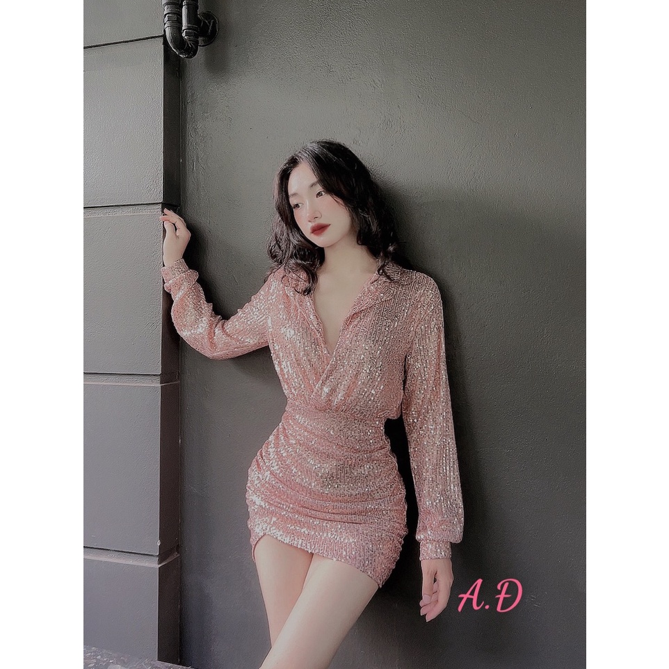 Đầm body kim sa xẻ ngực sexy