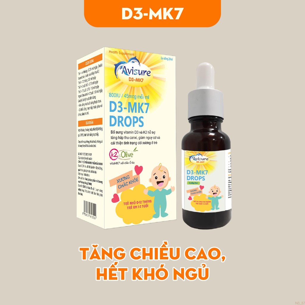 Avisure D3Mk7.Bổ Sung Vitamin D3,K2 Giúp Tăng Cường Hấp Thu Canxi Xương Răng Chắc Khỏe Cho Bé