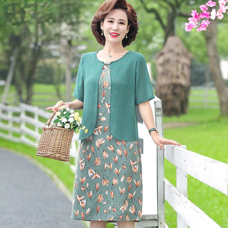 Đầm chiffon Dài Qua Gối Thời Trang Mùa Hè Cho Phụ Nữ Trung Niên