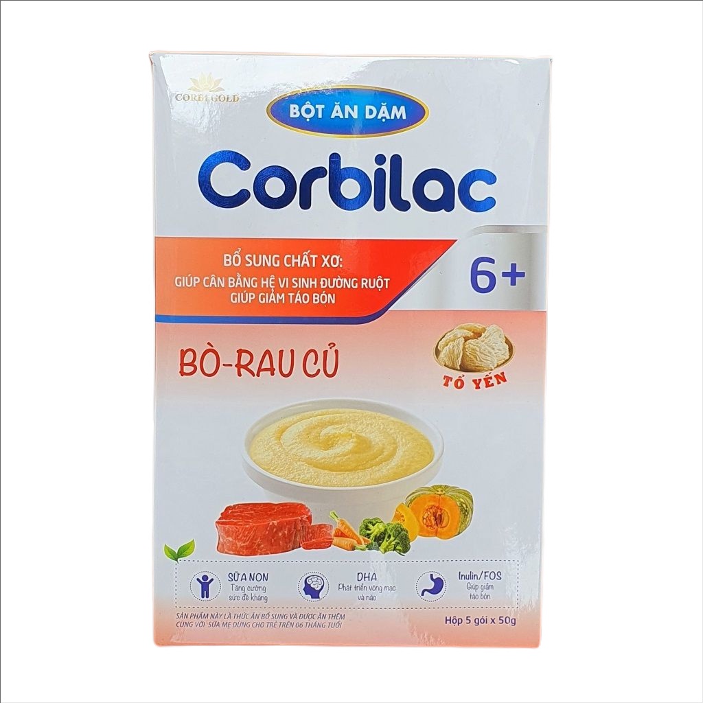 Bột ăn dặm bổ sung sữa non, yến sào cho trẻ Corbilac - Bò rau củ (Hộp 5 gói x 50g)