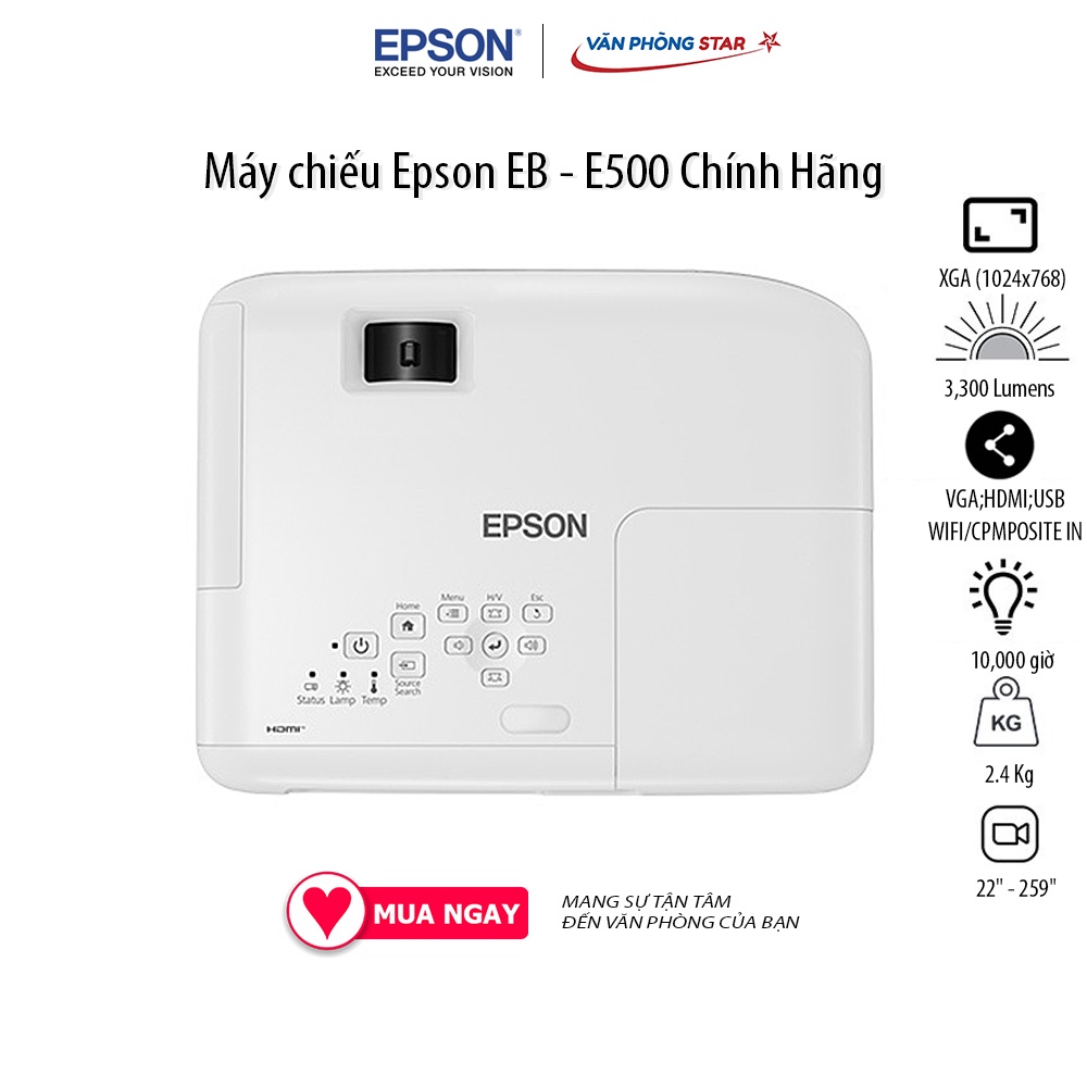 Máy chiếu Epson EB - E500 Độ phân giải XGA (1024x768), Bóng đèn: UHE 210W. Tuổi thọ bóng đèn: Lên tới 12000.