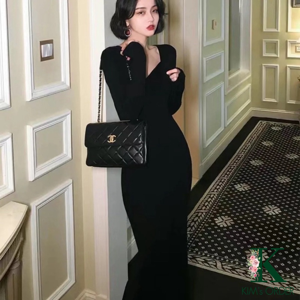 Váy len nữ ôm sát bút chì body cổ vạt kiểu chữ V màu be đen nâu dài tay dáng dài xẻ sau style sang chảnh Hàn Quốc