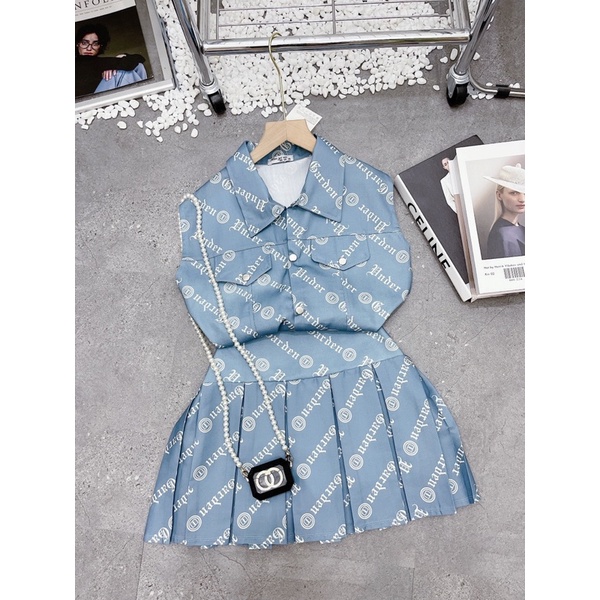 ✔ 𝗙𝗥𝗘𝗘 𝗦𝗛𝗜𝗣  SET VÁY BBR XANH IN KÍN SÁT NÁCH MIX CHÂN VÁY XOÈ XẾP LY