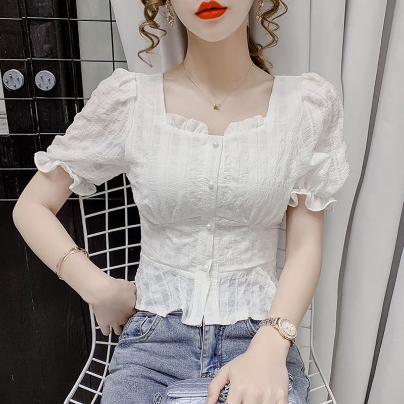 Áo Sơ Mi Chiffon Tay Ngắn Phồng Cổ Vuông Kiểu Pháp Thời Trang Mùa Hè Cho Nữ 35-70kg