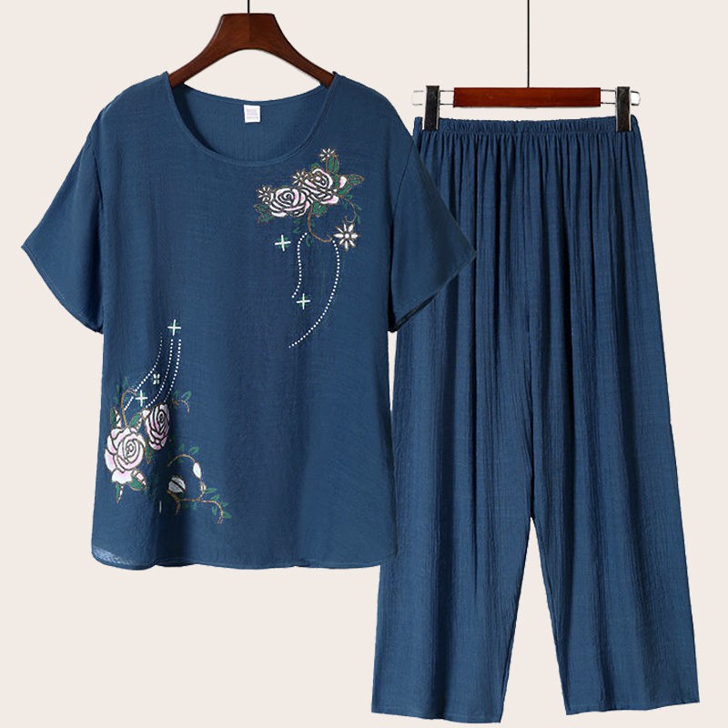 Bộ Đồ Ngủ Tay Ngắn Chất Liệu Cotton Và Lanh Thời Trang Mùa Hè Cho Phụ Nữ Trung Niên | BigBuy360 - bigbuy360.vn