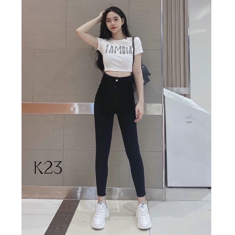 Quần Jeans nữ cạp siêu cao một nút , Quần jean ôm cạp cao
