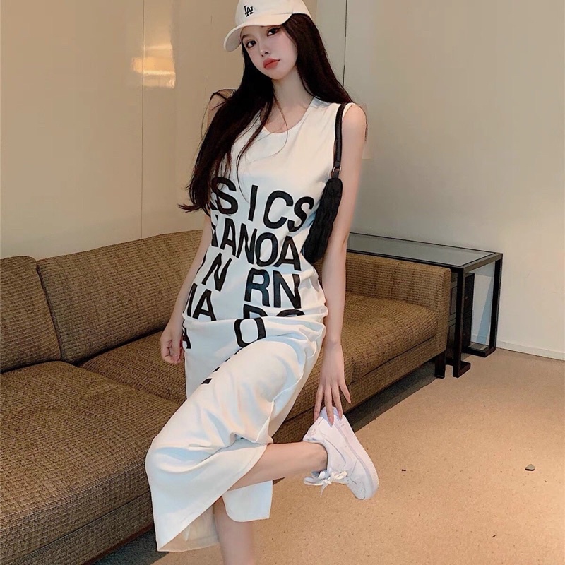 Váy suông sát nách cotton in chữ "ASIC"dáng dài 2 màu đen-trắng